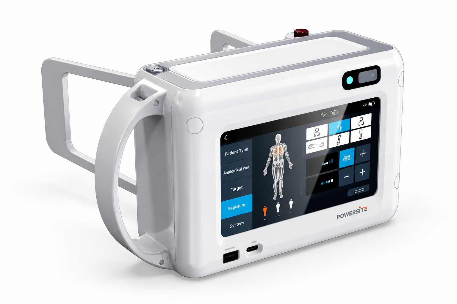 OHH handheld X-ray source with touchscreen, shown in a three-quarter front view